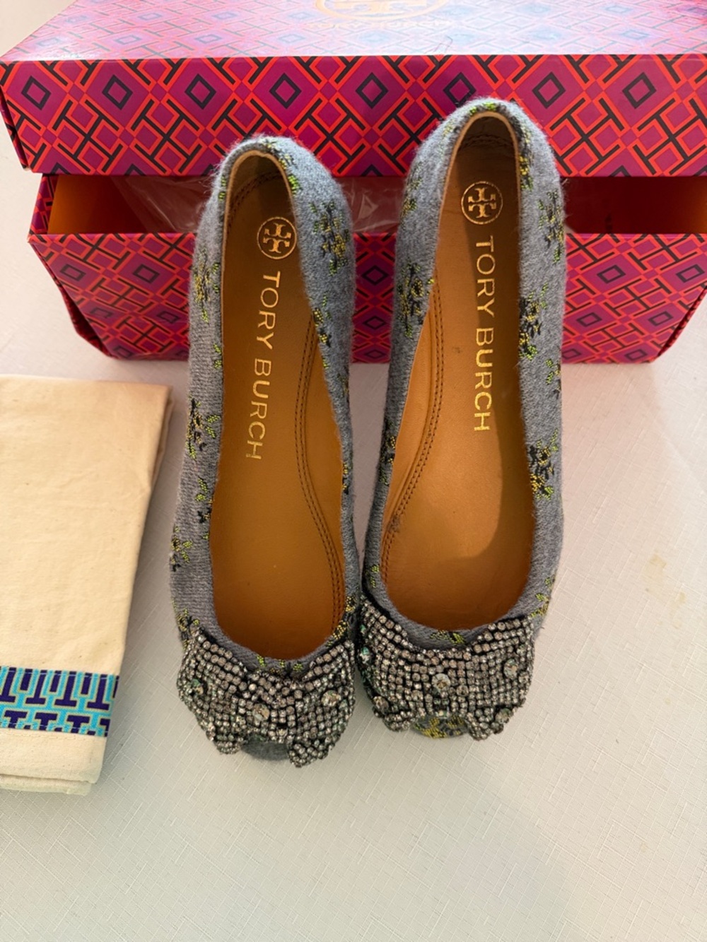 Tory Burch Gray Embellished Beaded Ballet Flats